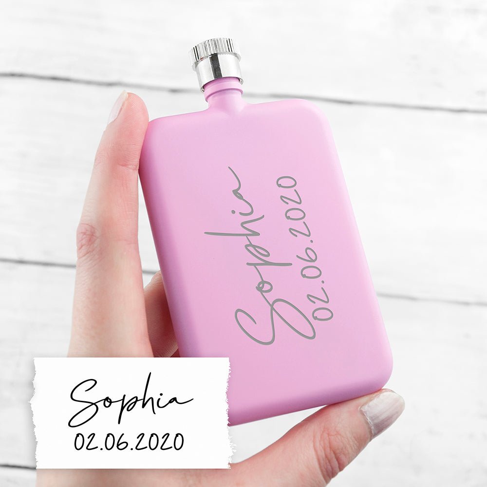 Pink slim flask with handwriting engraving
