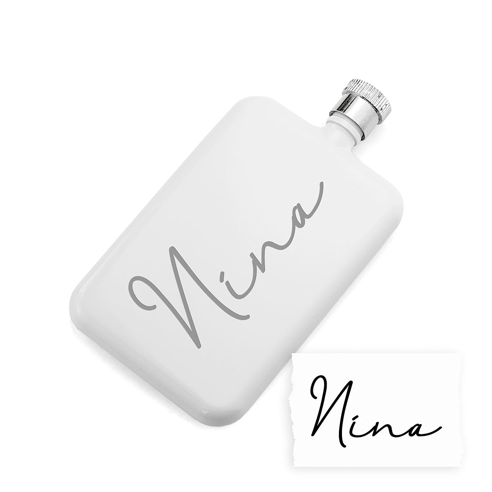 Personalised handwriting flask, 6oz, 11cm, white coated, screw cap lid