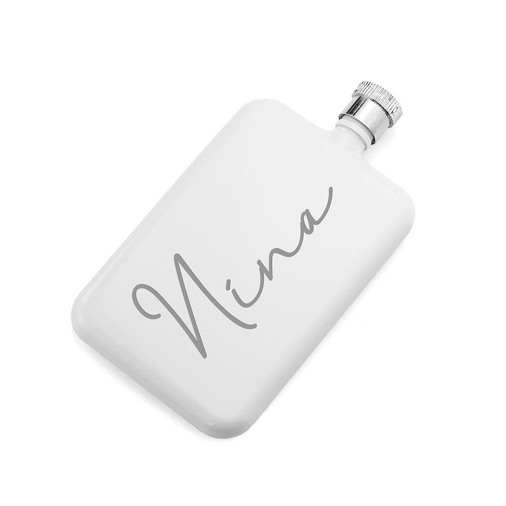 White handwriting hip flask, 11×6×2cm, 6oz, custom engraved with real note