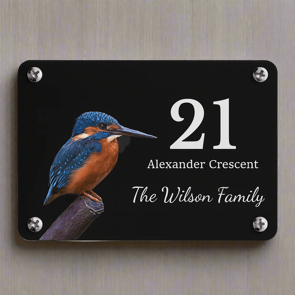 House number sign with a kingfisher design on a black background
