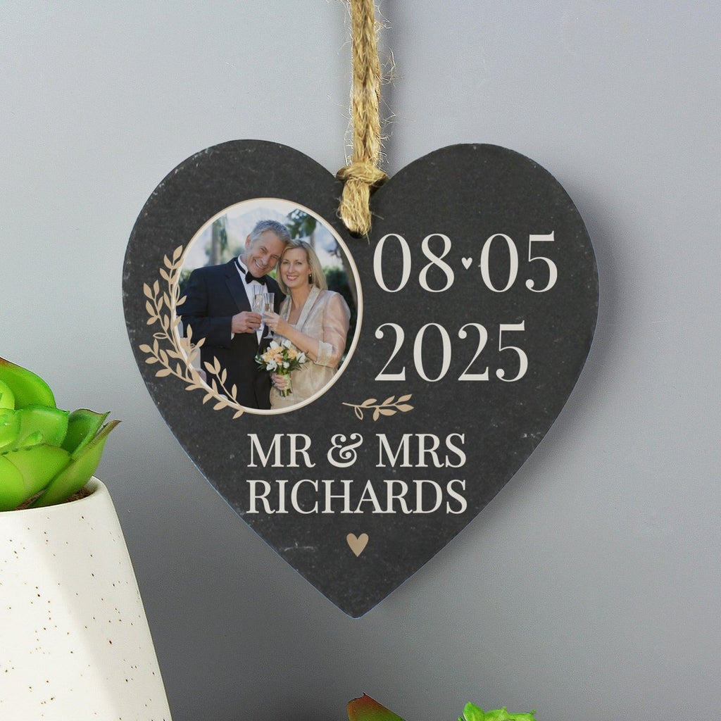 Personalised Large Date Photo Upload Slate Heart Decoration - Engraved Memories