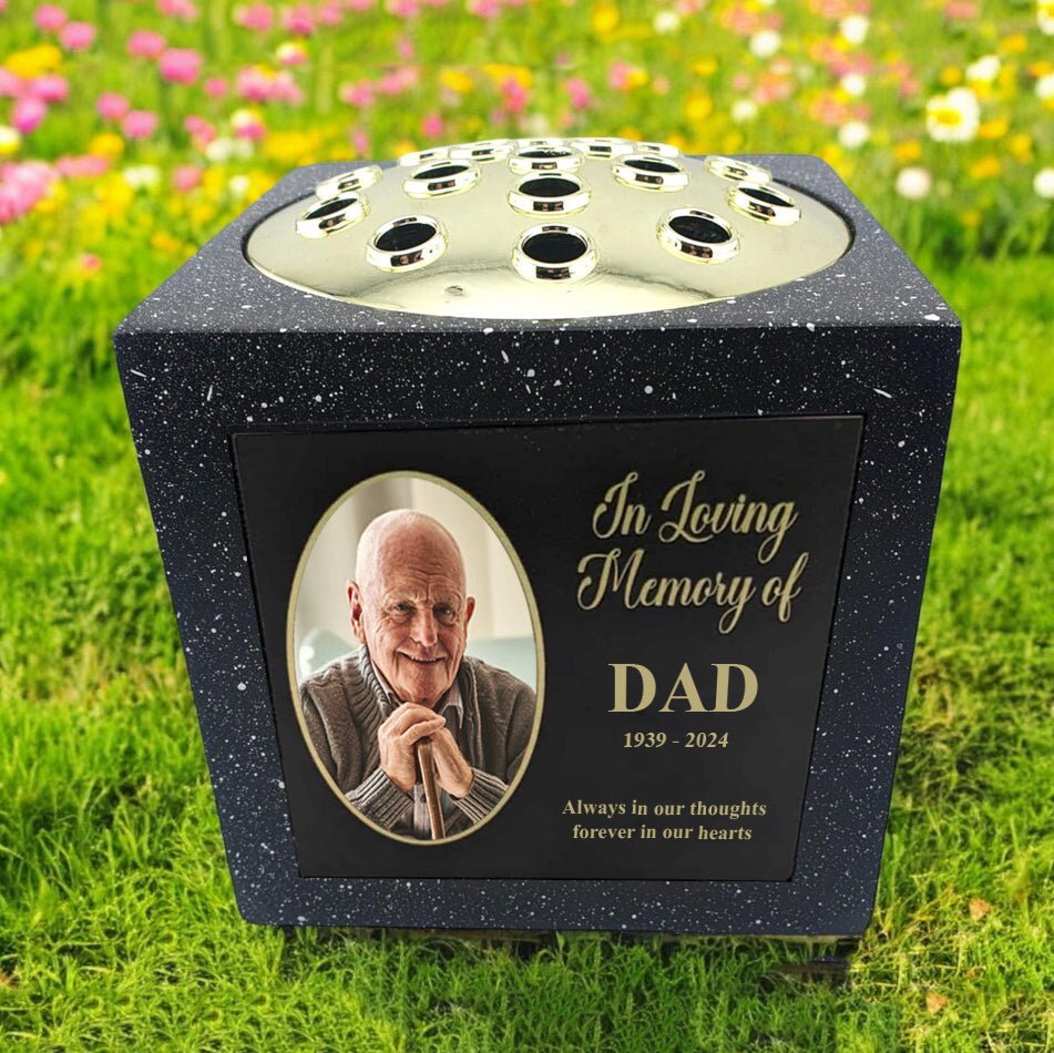 Honor a loved one with this weather-resistant memorial rose bowl, featuring a custom photo and engraved text.