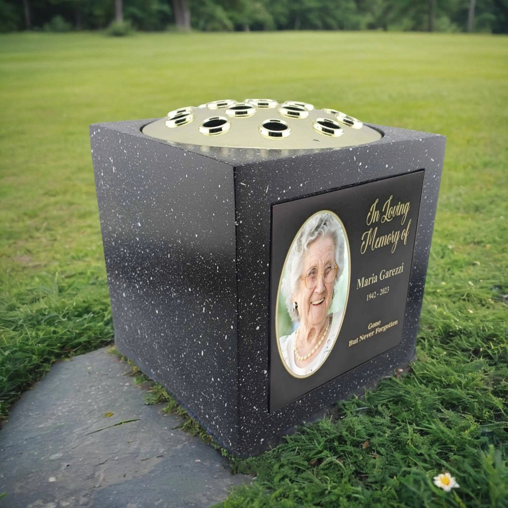 Honor a loved one with this weather-resistant memorial rose bowl, featuring a custom photo and engraved text.