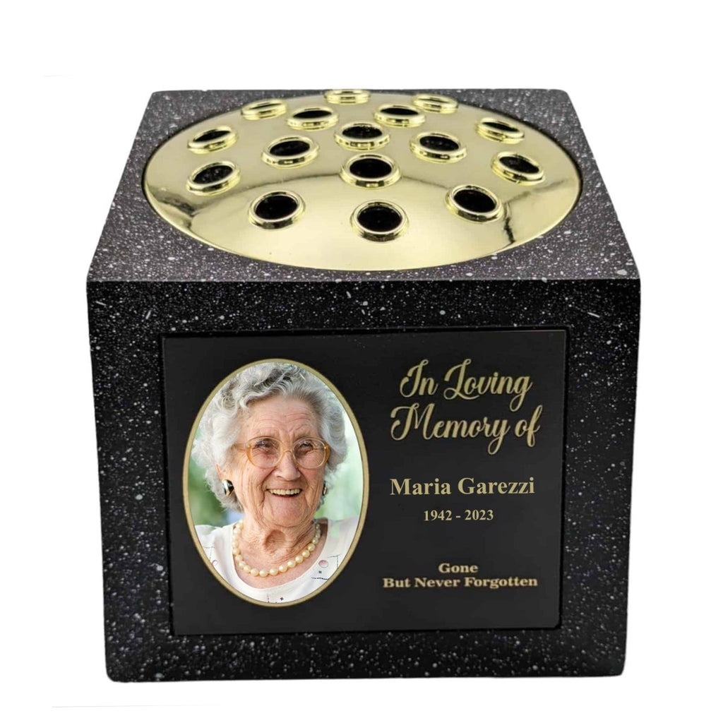 Honor a loved one with this weather-resistant memorial rose bowl, featuring a custom photo and engraved text.