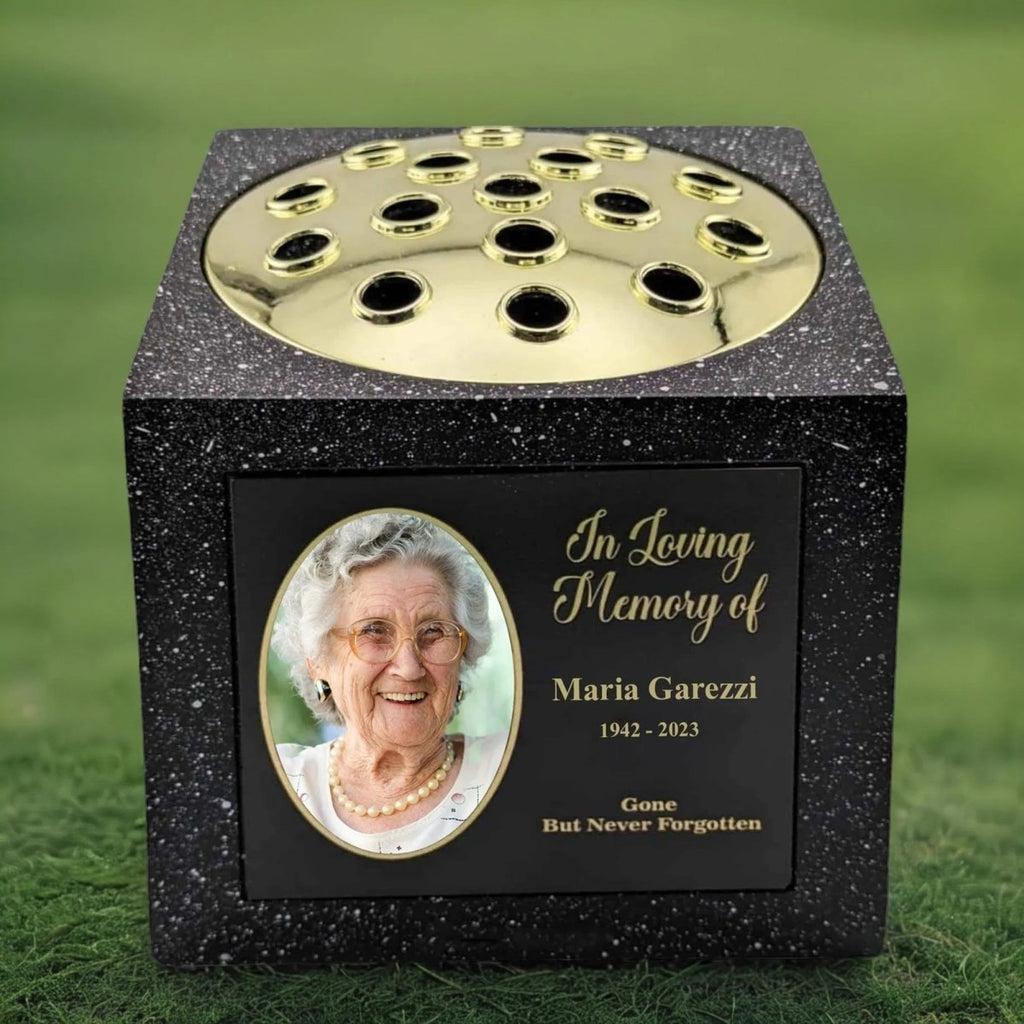 Honor a loved one with this weather-resistant memorial rose bowl, featuring a custom photo and engraved text.