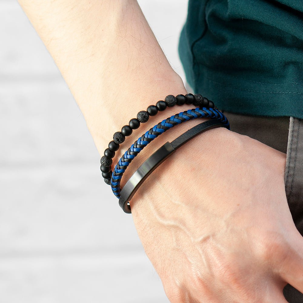 Personalised Men's Black Stone and Blue Cord Bracelet - Engraved Memories