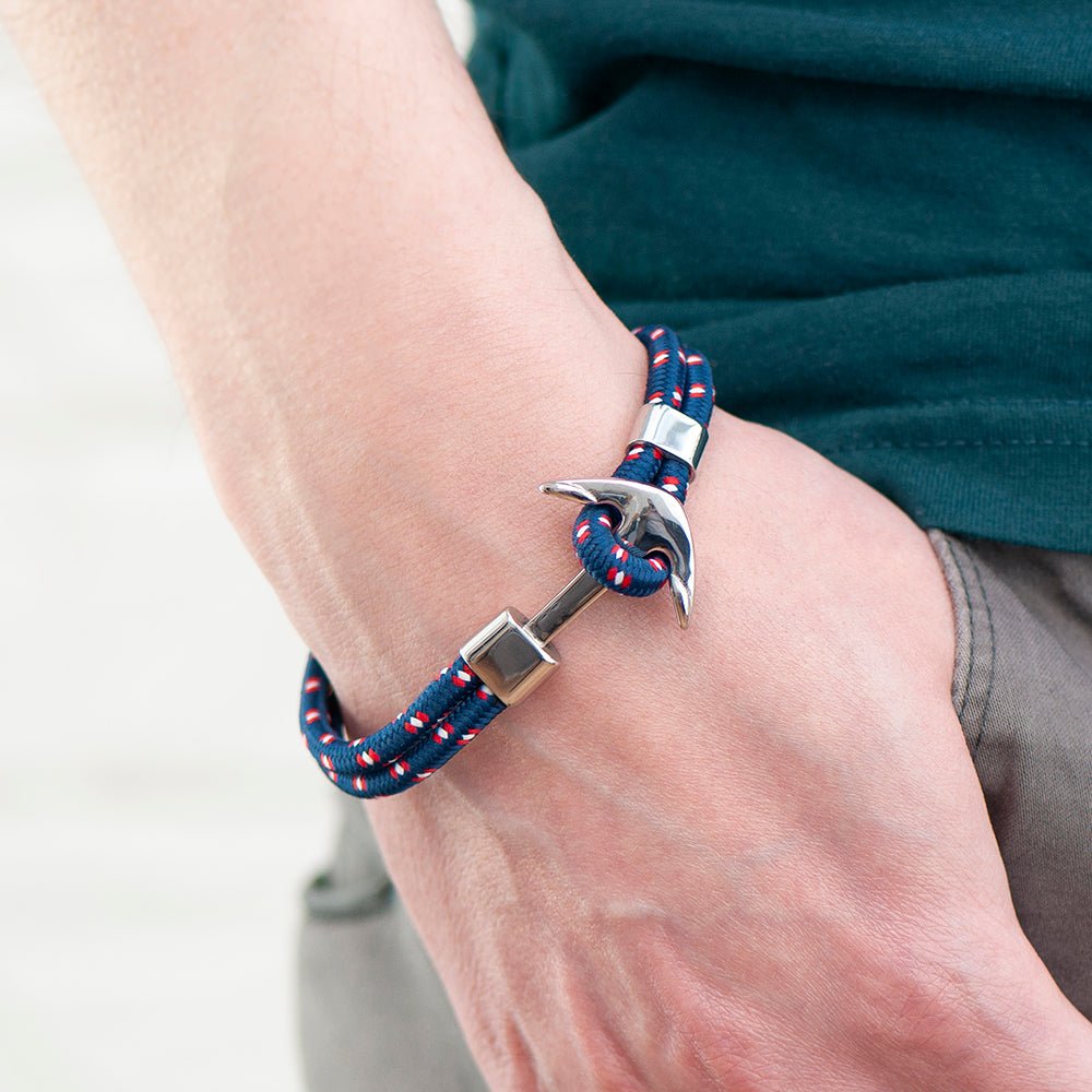 Personalised Men's Blue Rope Nautical Anchor Bracelet - Engraved Memories