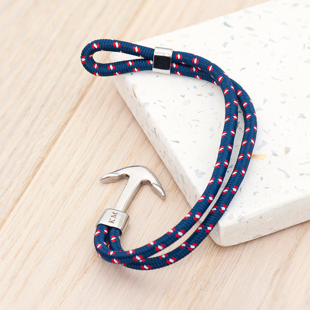 Personalised Men's Blue Rope Nautical Anchor Bracelet - Engraved Memories