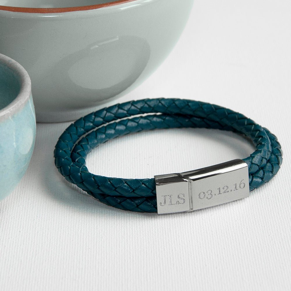 Personalised Men's Dual Leather Woven Bracelet in Teal - Engraved Memories