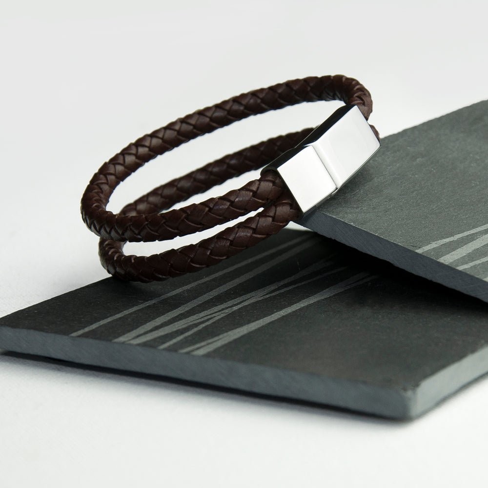 Personalised Men's Dual Leather Woven Bracelet in Umber - Engraved Memories