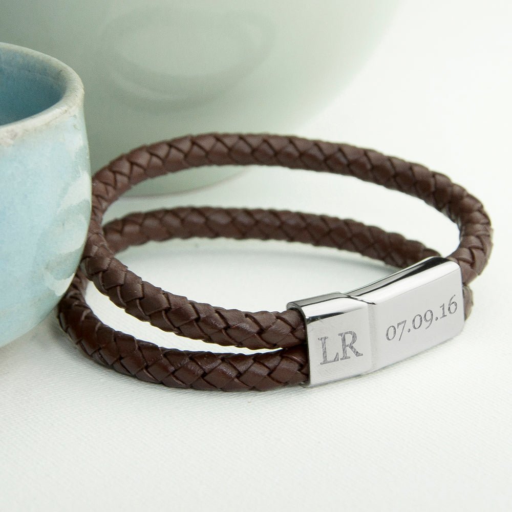 Personalised Men's Dual Leather Woven Bracelet in Umber - Engraved Memories