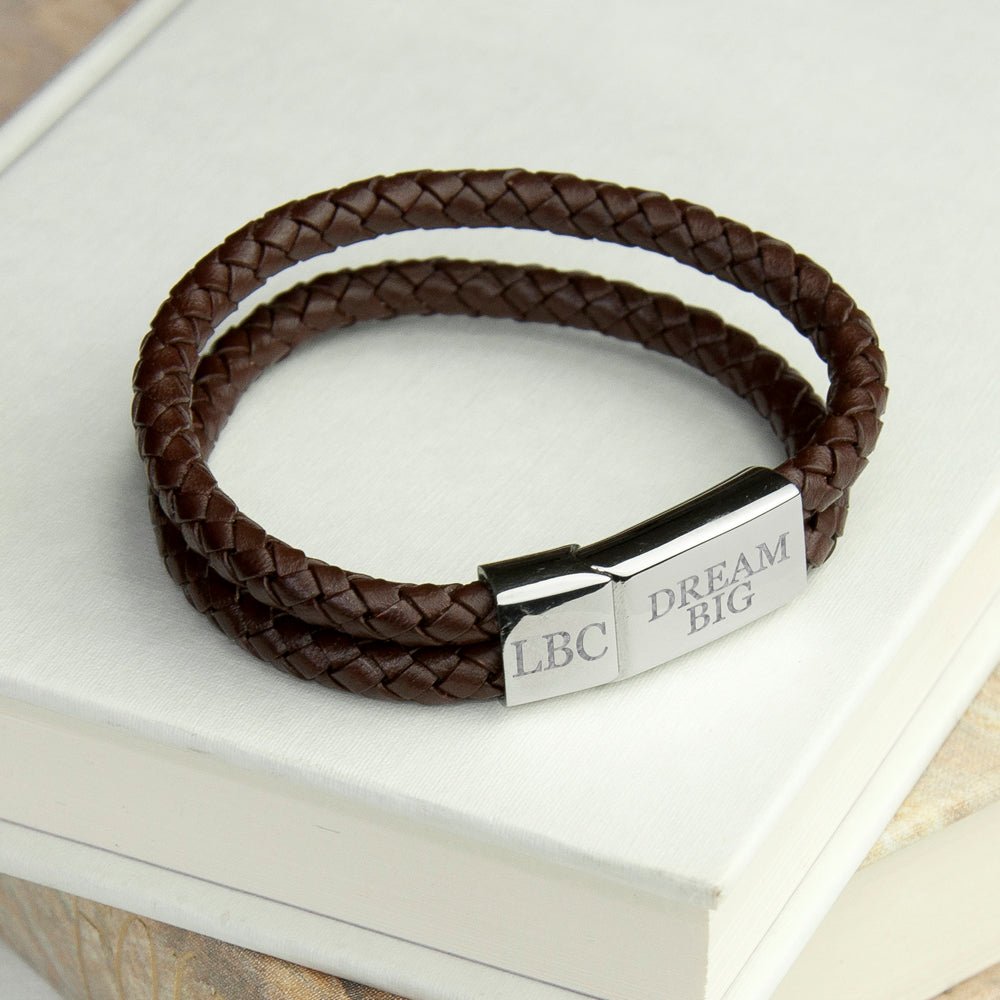 Personalised Men's Dual Leather Woven Bracelet in Umber - Engraved Memories
