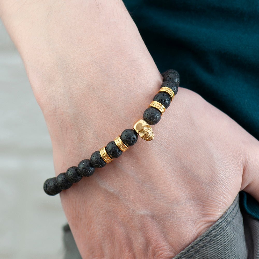 Personalised Men s Golden Skull Beaded Bracelet Engraved Memories