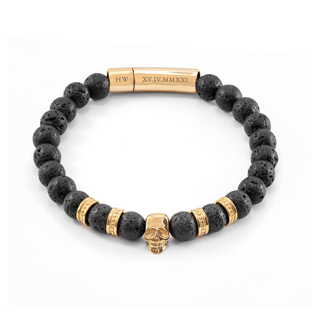 Personalised Men's Golden Skull Beaded Bracelet - Engraved Memories