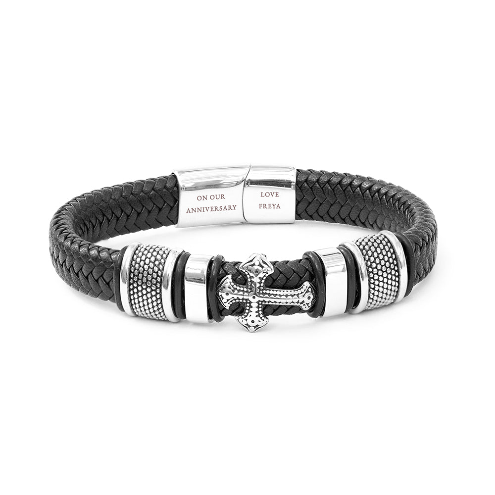 Personalised Men's Gothic Cross Leather Bracelet - Engraved Memories