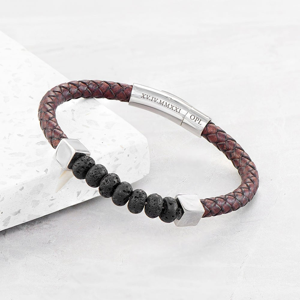 Personalised Men's Leather Beaded Bracelet - Engraved Memories