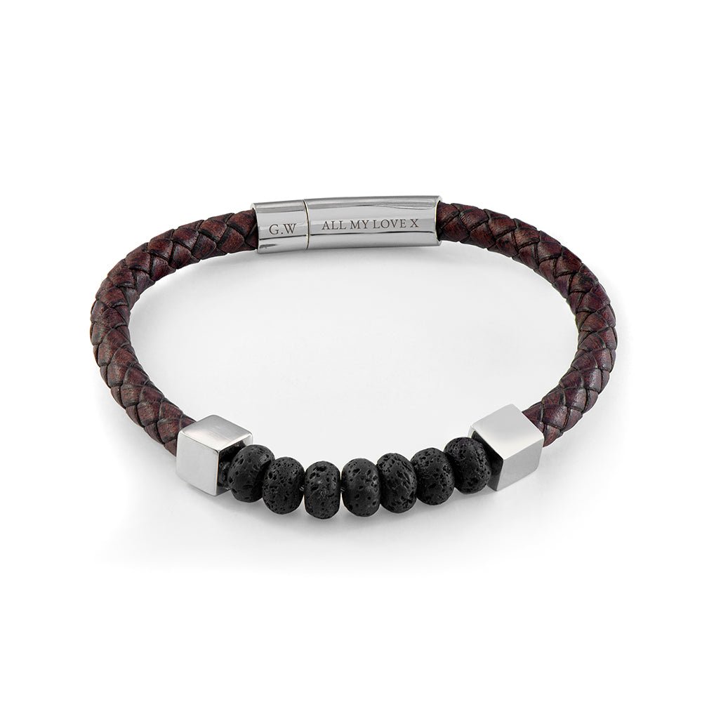 Personalised Men's Leather Beaded Bracelet - Engraved Memories