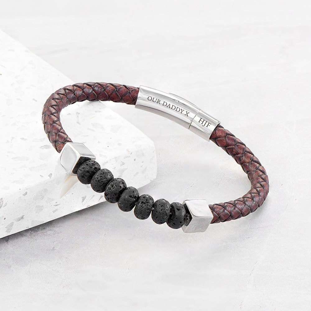 Personalised Men's Leather Beaded Bracelet - Engraved Memories