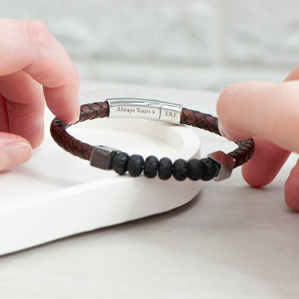 Personalised Men's Leather Beaded Bracelet - Engraved Memories