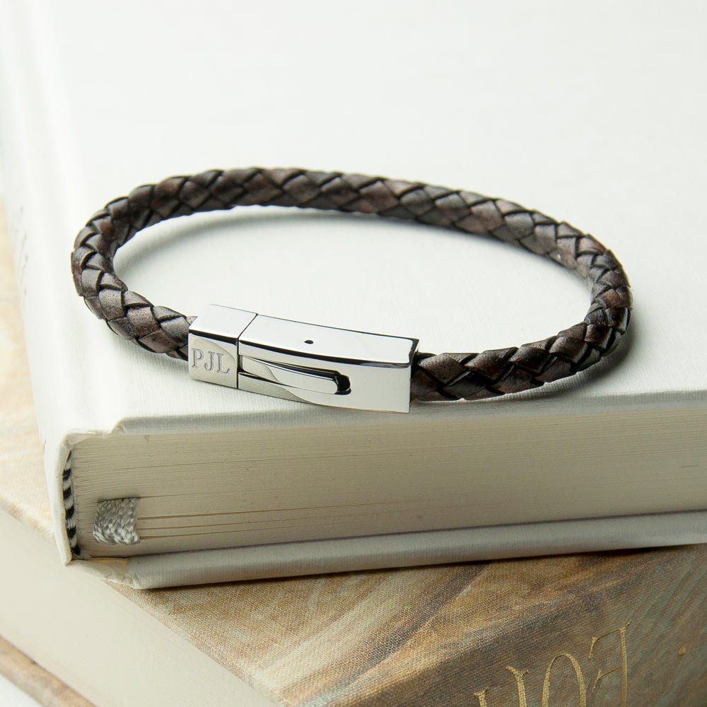 Personalised Men's Leather Bracelet With Tube Clasp - Engraved Memories