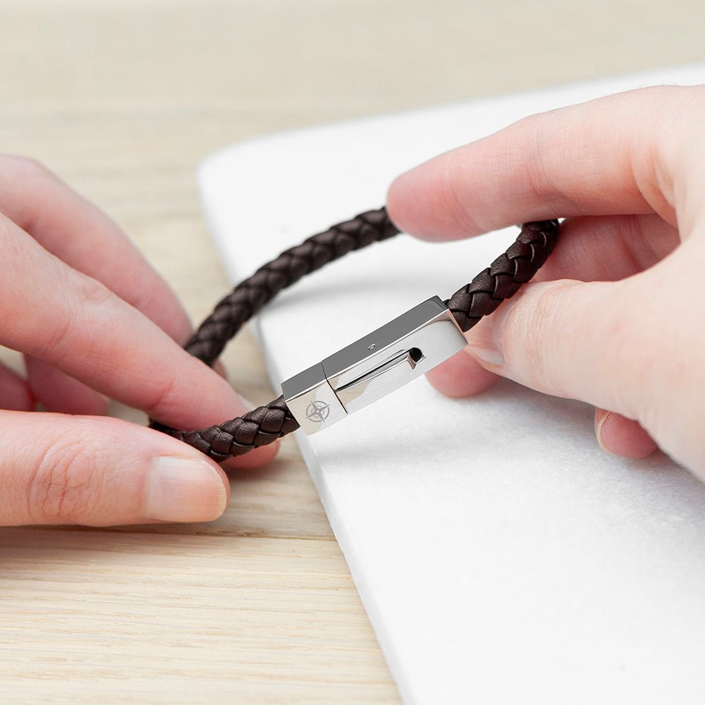 Personalised Men's Leather Travel Compass Bracelet With Tube Clasp - Engraved Memories