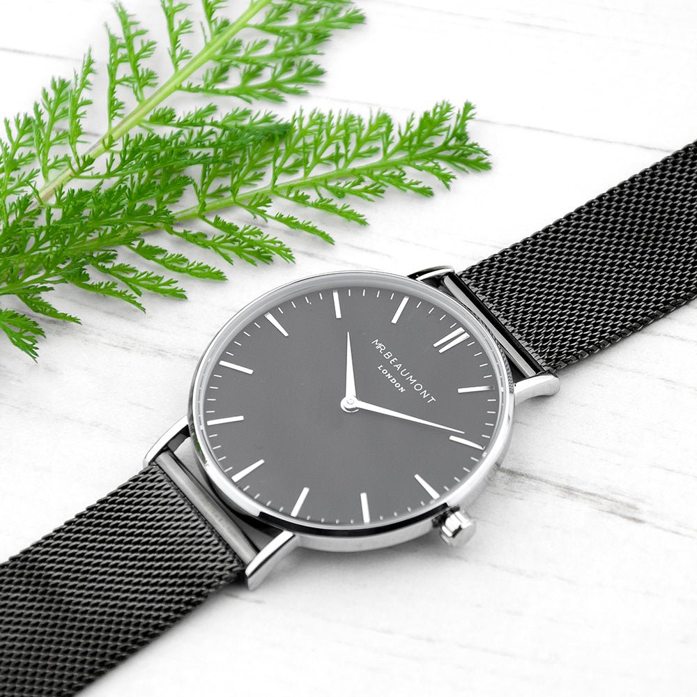 Personalised Men's Metallic Charcoal Grey Watch With Black Face - Engraved Memories