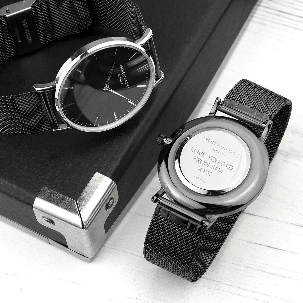 Personalised Men's Metallic Charcoal Grey Watch With Black Face - Engraved Memories