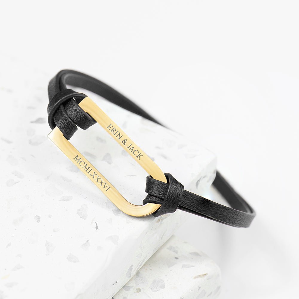 Personalised Men's Shoreditch Gold Bar Black Leather Bracelet - Engraved Memories