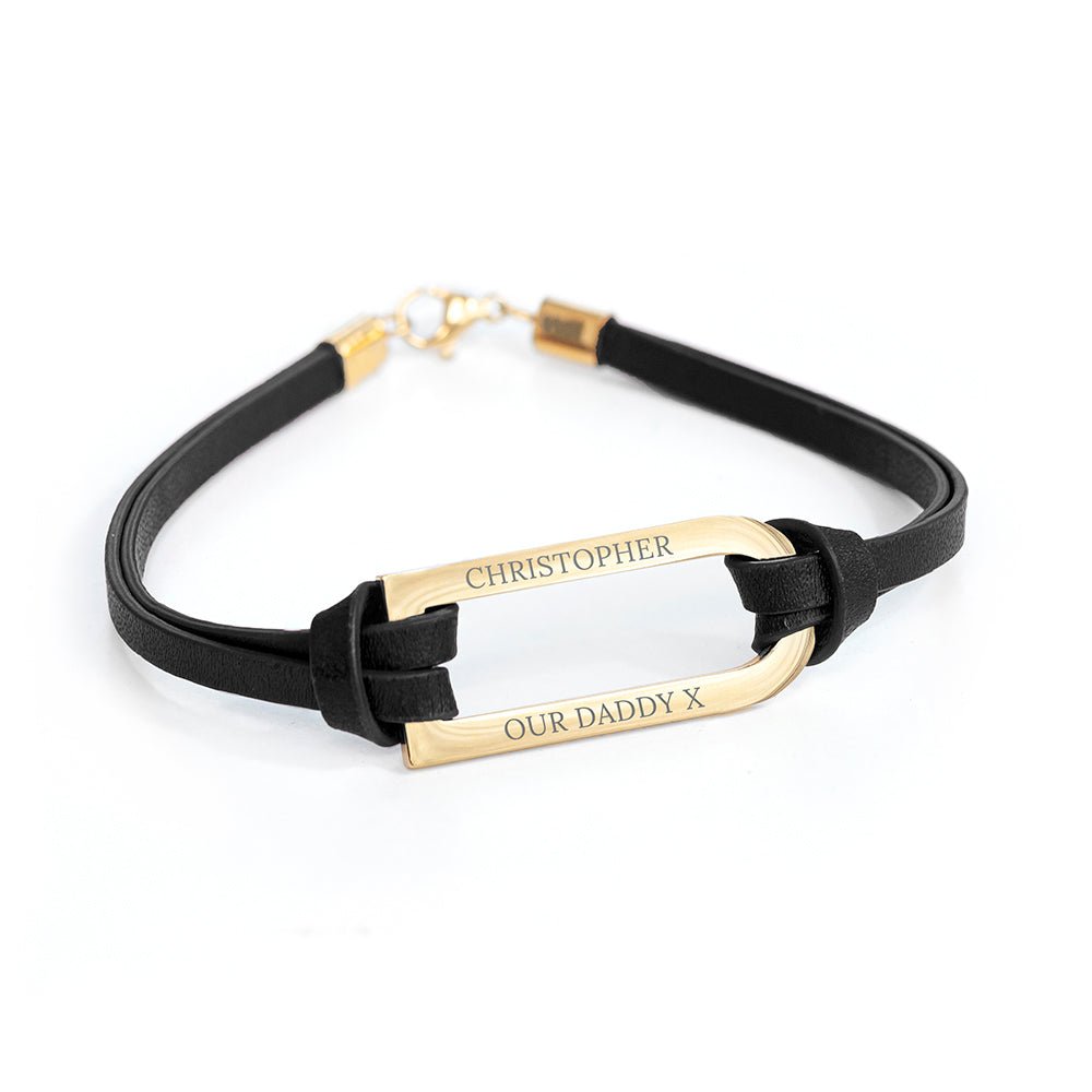 Personalised Men's Shoreditch Gold Bar Black Leather Bracelet - Engraved Memories