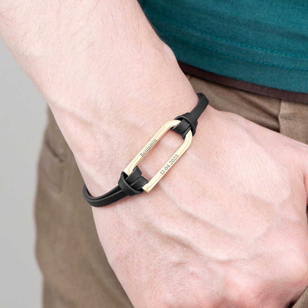 Personalised Men's Shoreditch Gold Bar Black Leather Bracelet - Engraved Memories