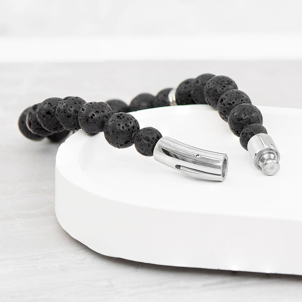 Personalised Men's Silver Lion Black Beaded Bracelet - Engraved Memories