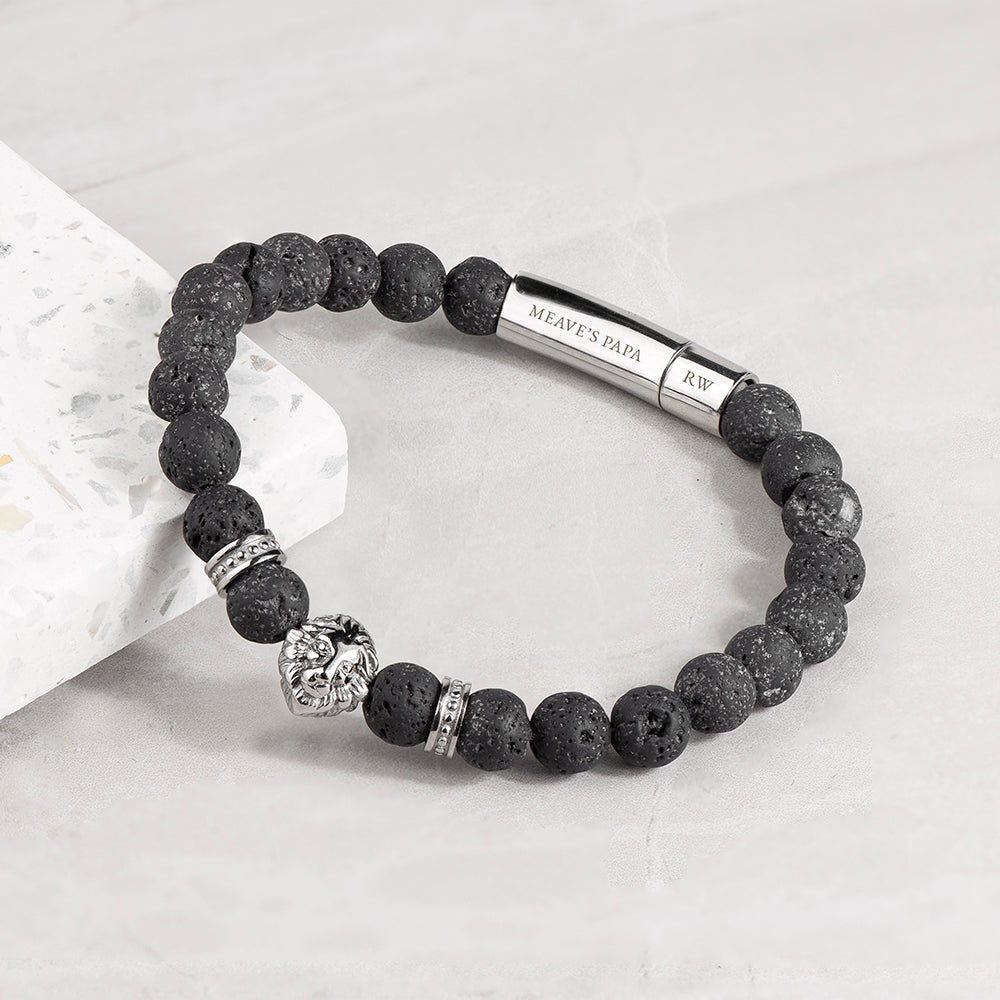 Personalised Men's Silver Lion Black Beaded Bracelet - Engraved Memories
