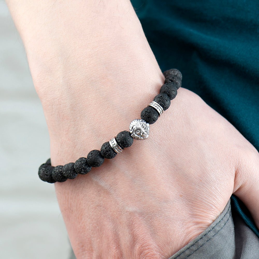 Personalised Men's Silver Lion Black Beaded Bracelet - Engraved Memories