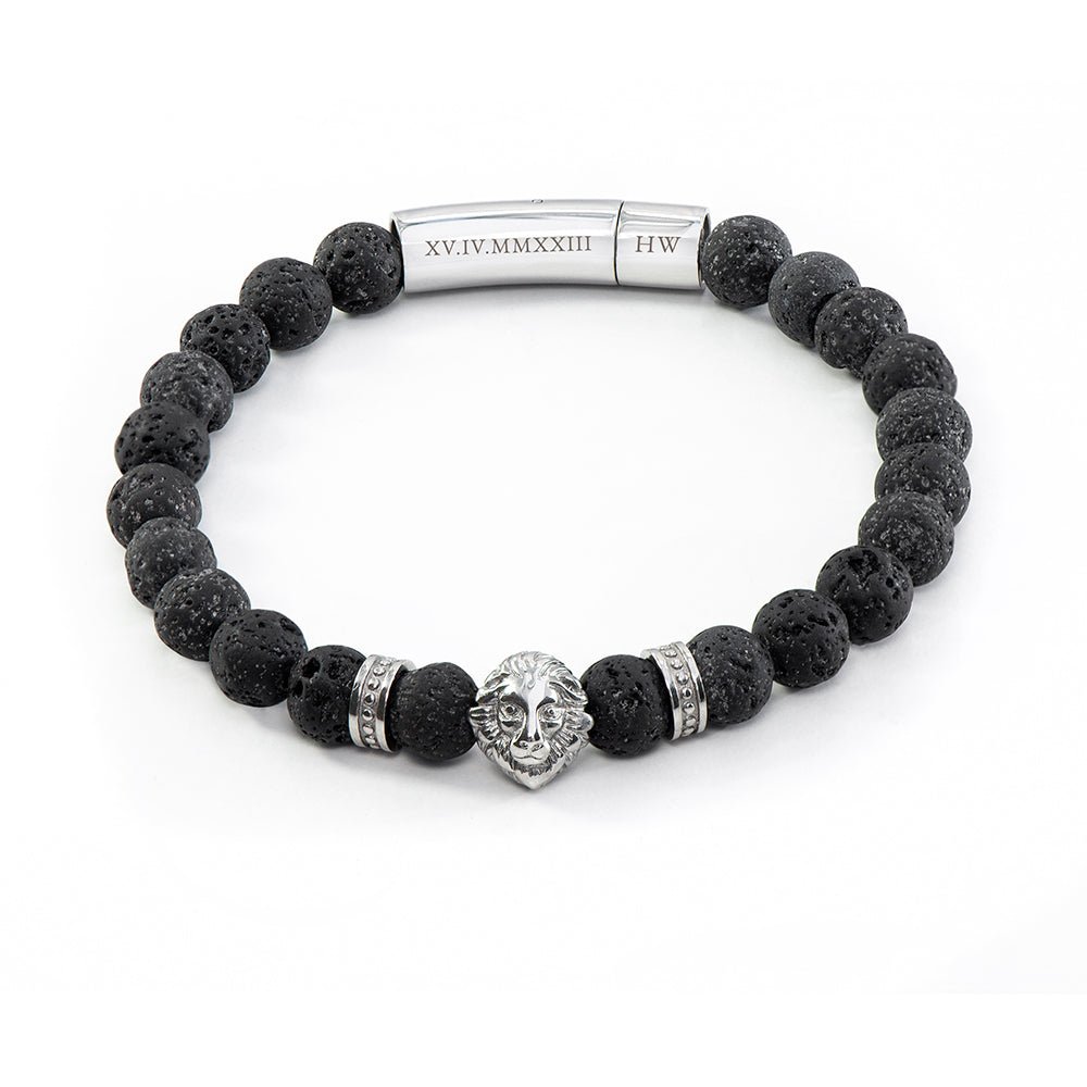 Personalised Men's Silver Lion Black Beaded Bracelet - Engraved Memories