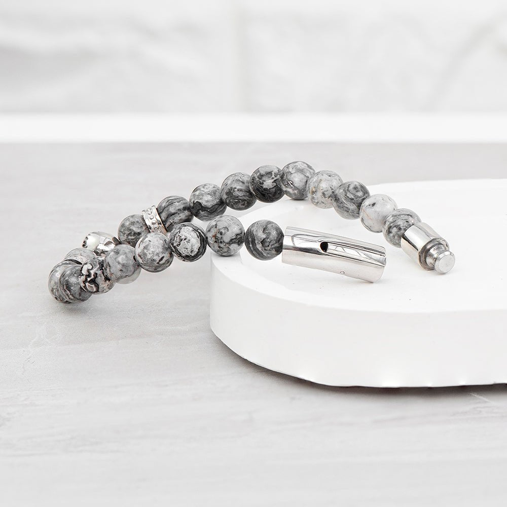 Personalised Men's Silver Lion Jasper Stone Bracelet - Engraved Memories