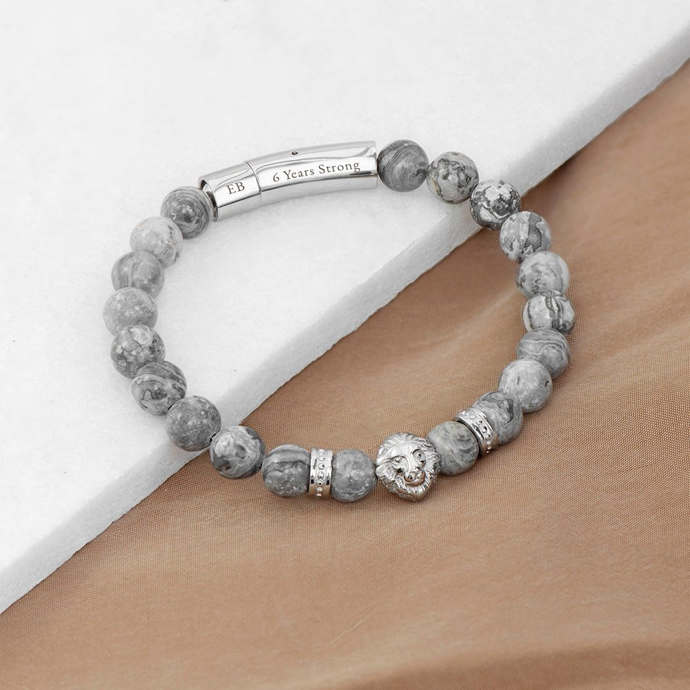 Personalised Men's Silver Lion Jasper Stone Bracelet - Engraved Memories