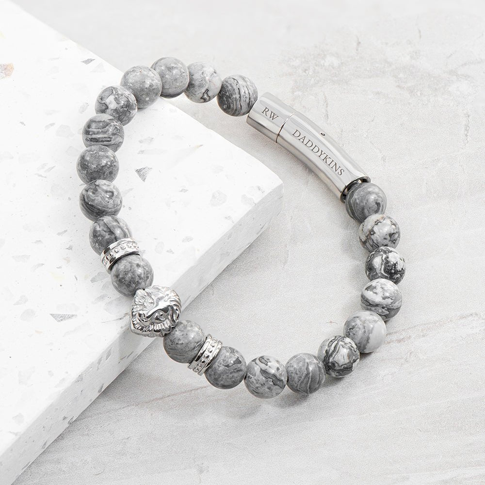 Personalised Men's Silver Lion Jasper Stone Bracelet - Engraved Memories