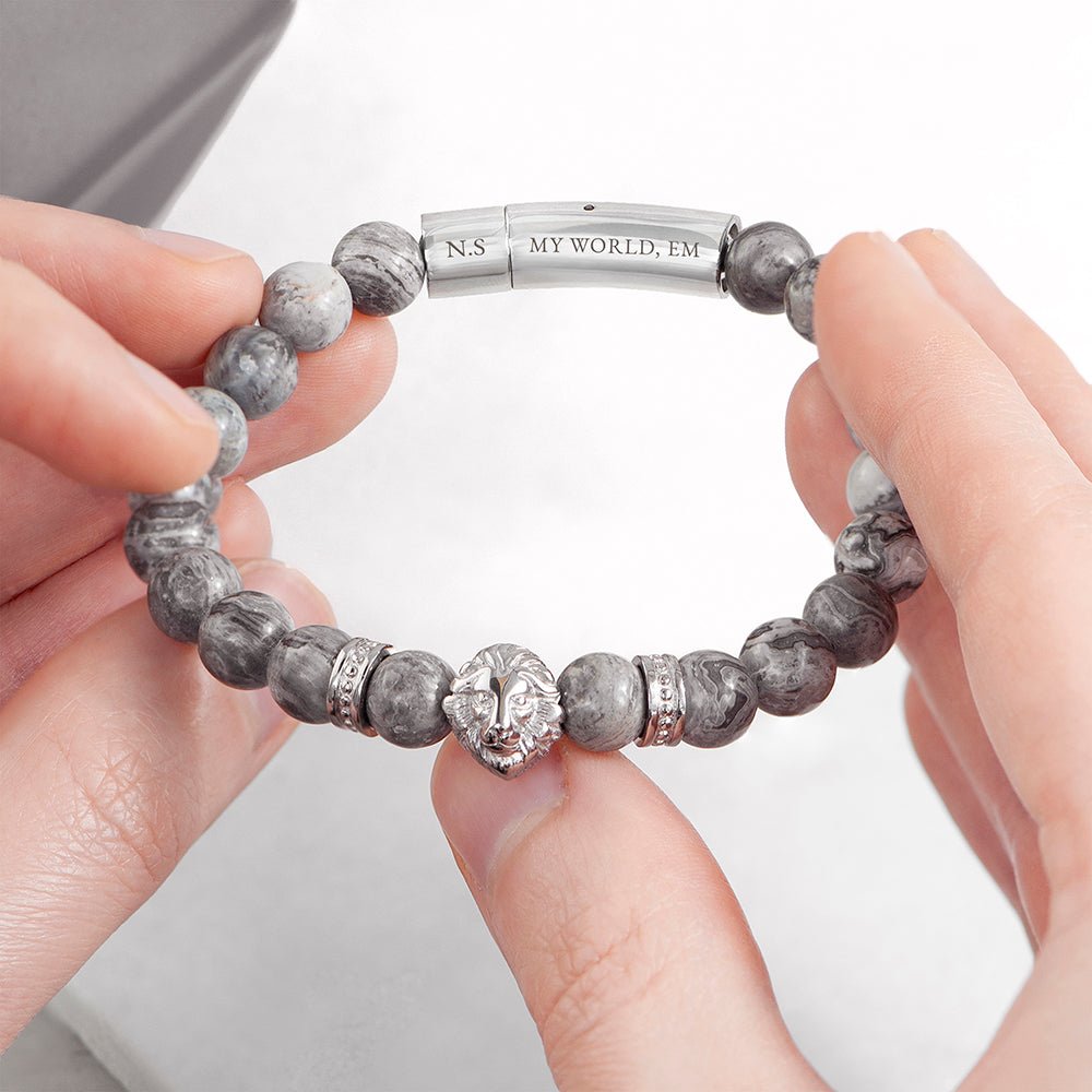 Personalised Men's Silver Lion Jasper Stone Bracelet - Engraved Memories