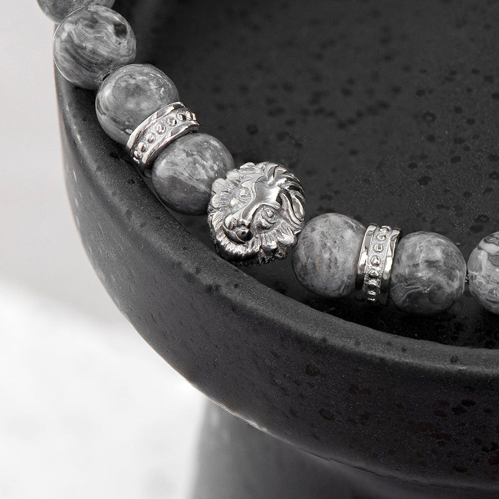 Personalised Men's Silver Lion Jasper Stone Bracelet - Engraved Memories