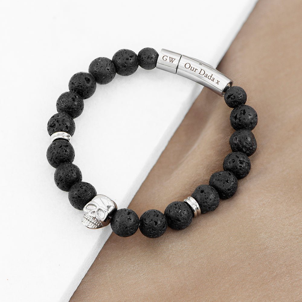 Personalised Men's Silver Skull Beaded Bracelet - Engraved Memories