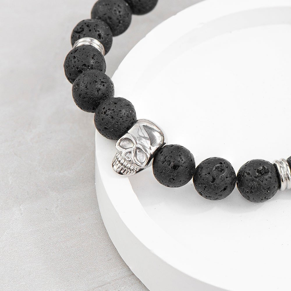 Personalised Men's Silver Skull Beaded Bracelet - Engraved Memories