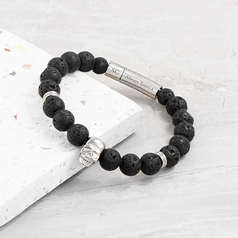 Personalised Men's Silver Skull Beaded Bracelet - Engraved Memories