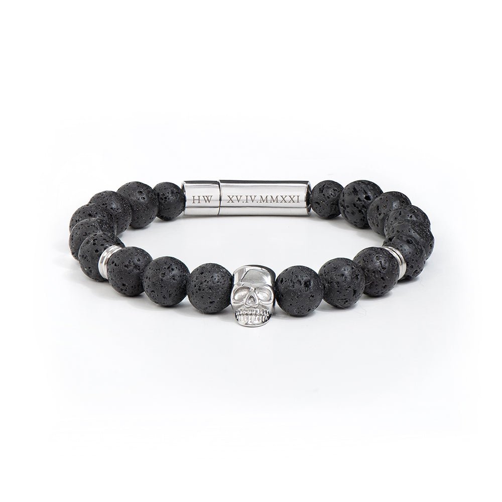 Personalised Men's Silver Skull Beaded Bracelet - Engraved Memories