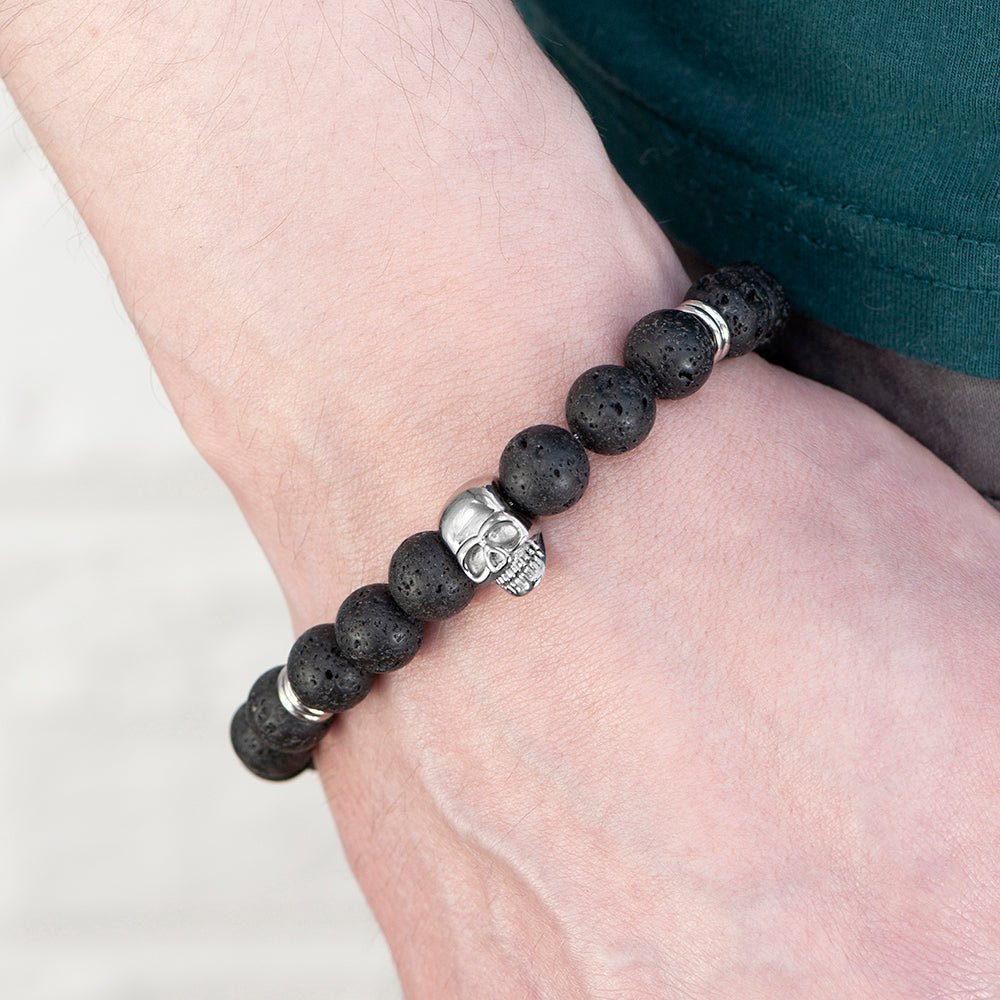 Personalised Men's Silver Skull Beaded Bracelet - Engraved Memories