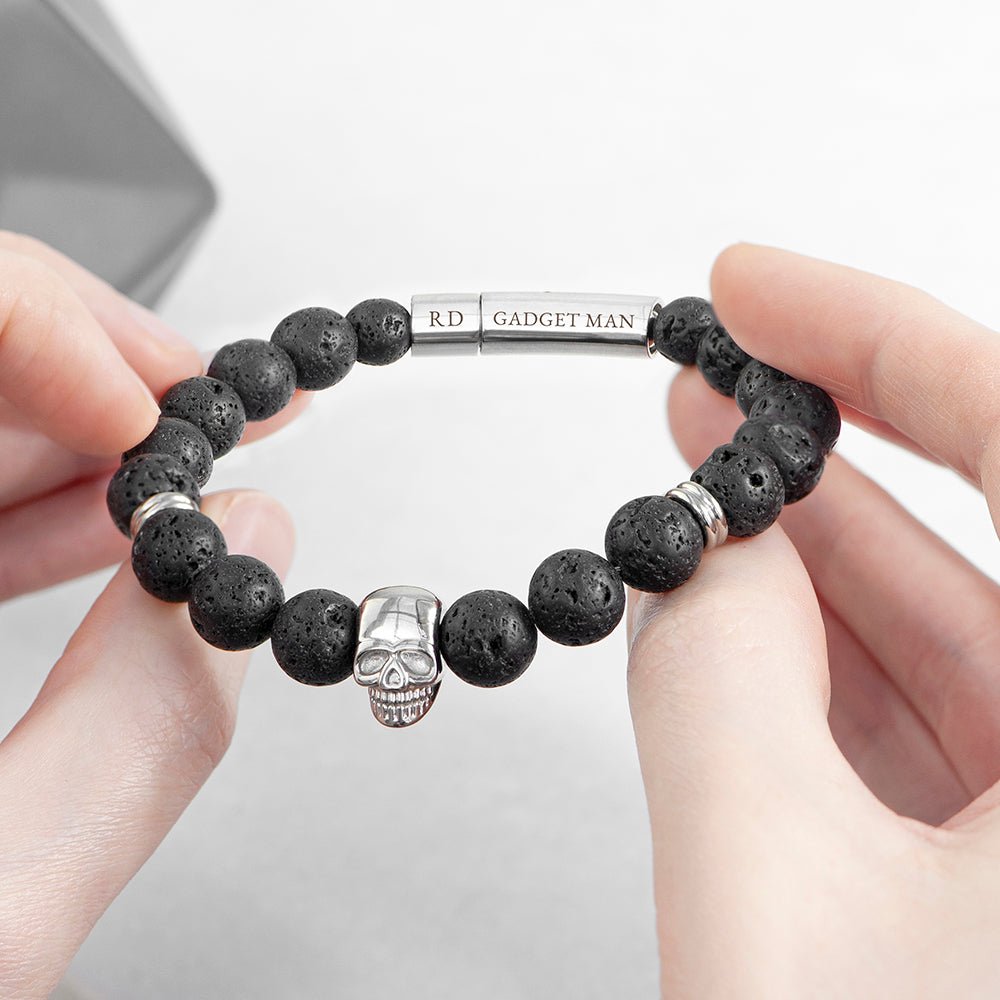 Personalised Men's Silver Skull Beaded Bracelet - Engraved Memories