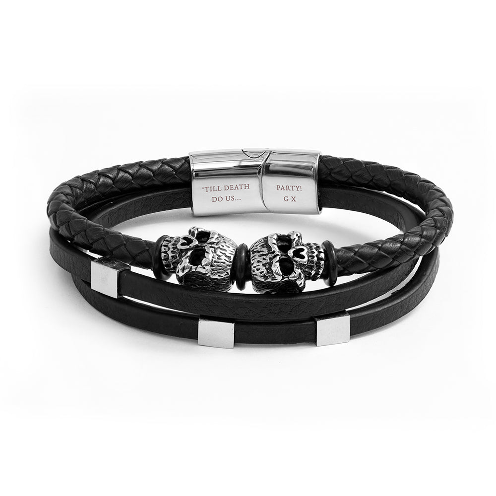 Personalised Men's Skulls Leather Rope Bracelet - Engraved Memories