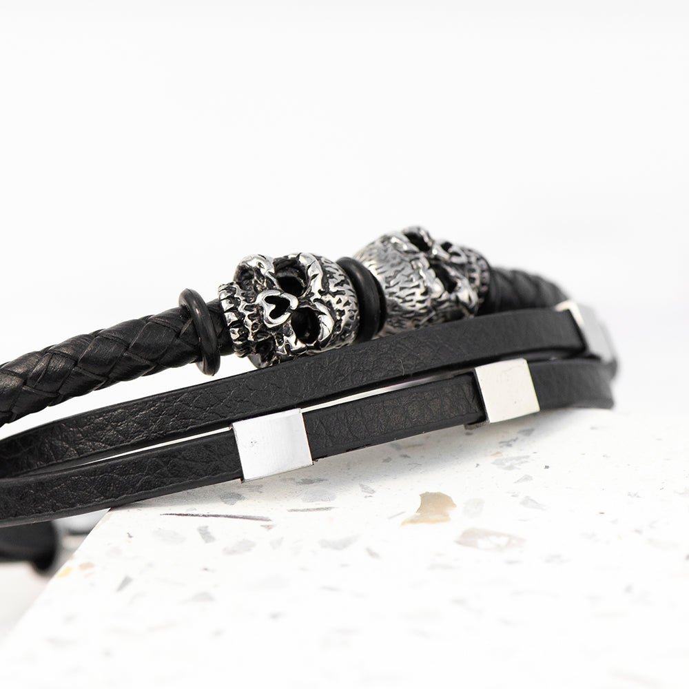 Personalised Men's Skulls Leather Rope Bracelet - Engraved Memories