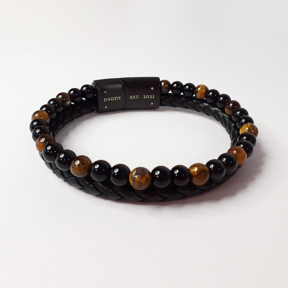 Personalised Men's Tigers Eye Leather and Bead Bracelet - Engraved Memories