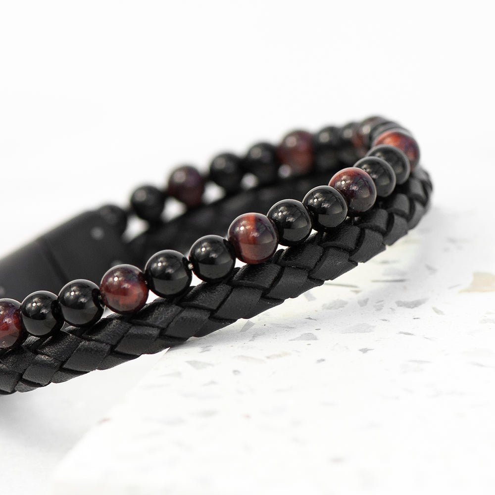 Personalised Men's Tigers Eye Leather and Bead Bracelet - Engraved Memories