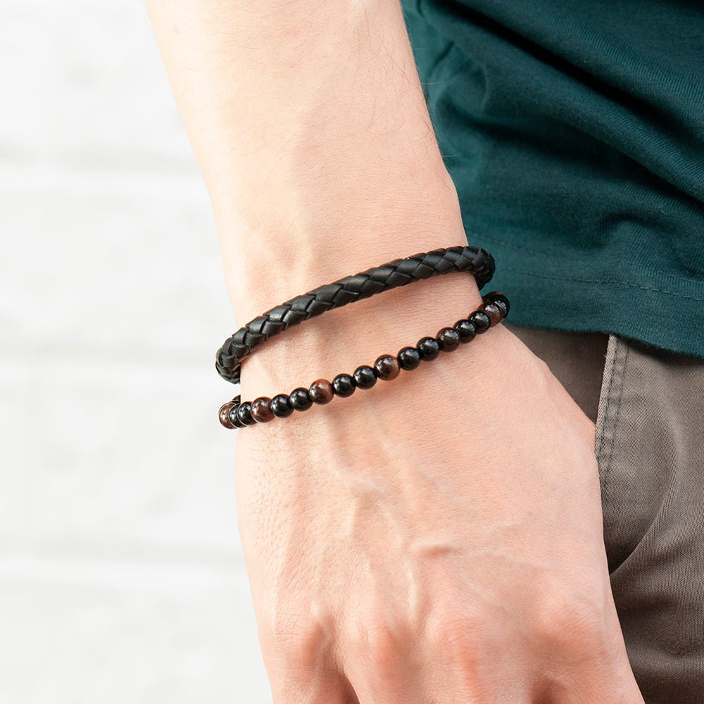 Personalised Men's Tigers Eye Leather and Bead Bracelet - Engraved Memories